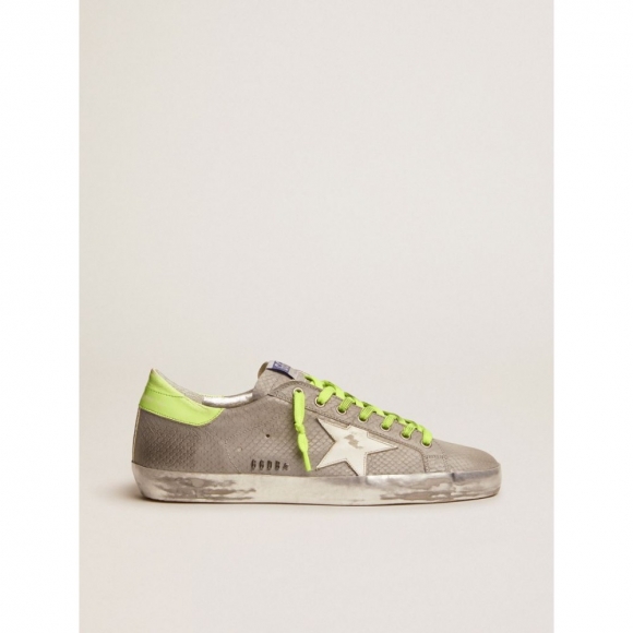 Super-Star sneakers in silver snake-print leather with fluorescent yellow leather heel tab
