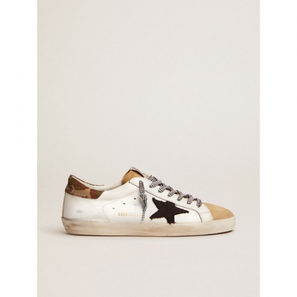 Super-Star LTD sneakers in white leather with camouflage heel tab and black canvas star