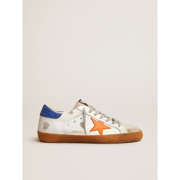 Super-Star sneakers with blue suede heel tab and neon orange star