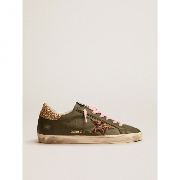 Super-Star sneakers in dark green leather with gold glitter heel tab