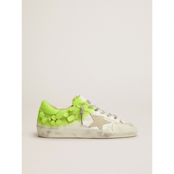 Super-Star sneakers in white canvas with crystals and fluorescent yellow flock paint