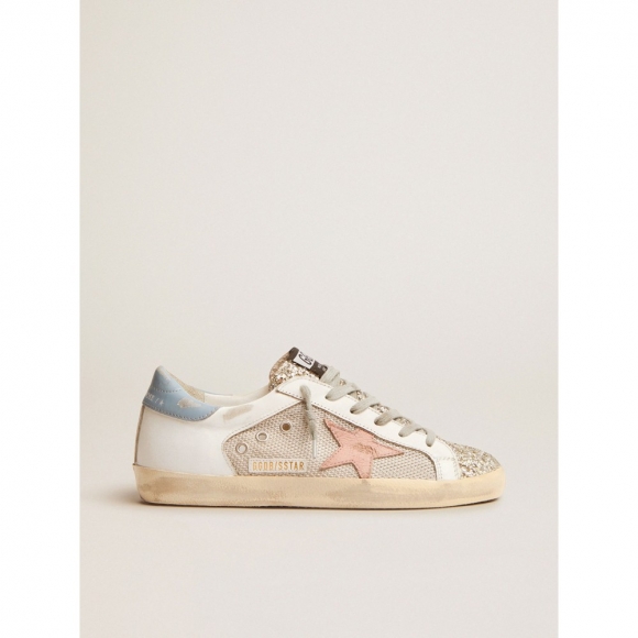 Super-Star LTD sneakers in white leather with mesh insert and silver glitter tongue