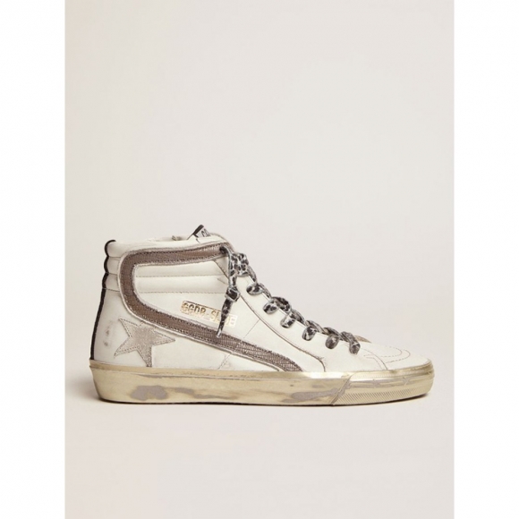 Slide sneakers with white suede star and dove-gray lizard-print leather flash