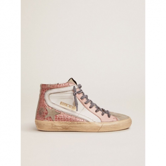 Slide sneakers with white leather and pink crocodile-print leather upper