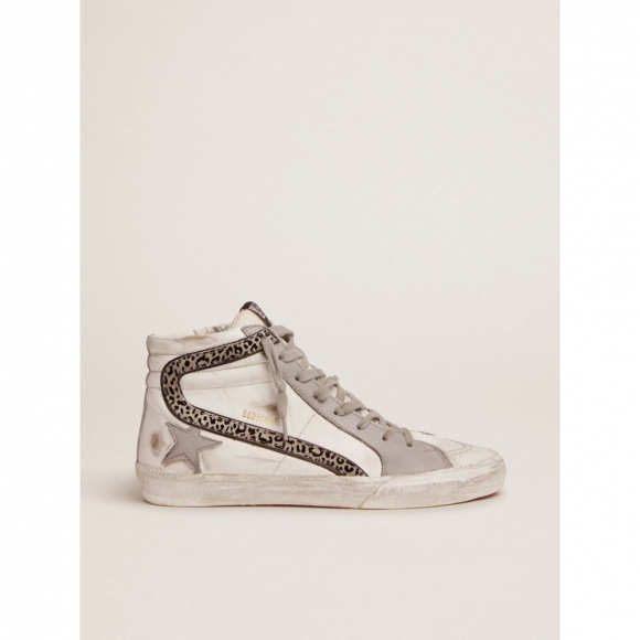 Slide sneakers with white and gray leather upper and leopard-print suede flash