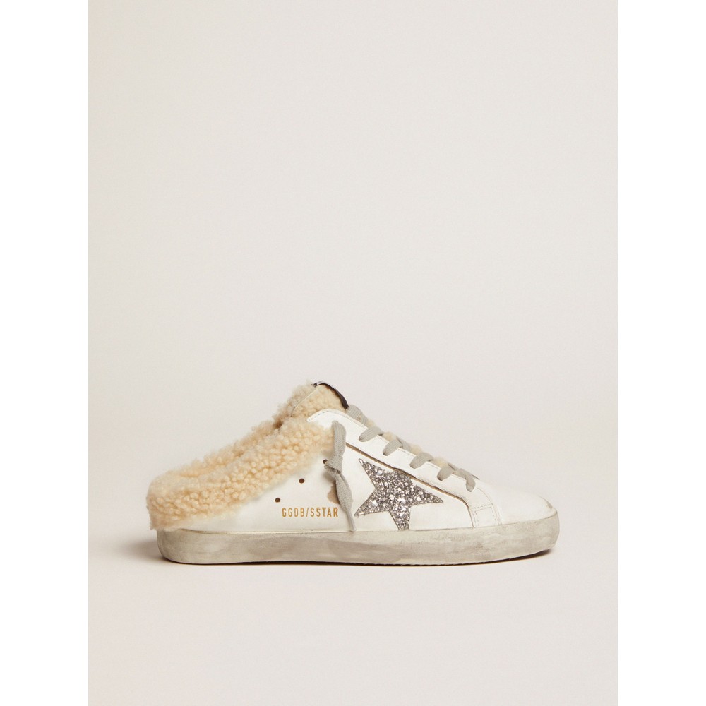 Super-Star Sabots in white leather with silver glitter star and shearling lining